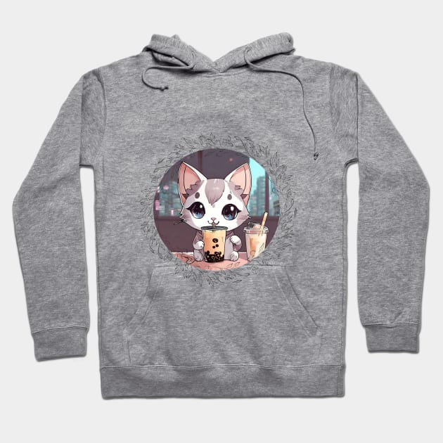 Cute grey and white cartoon cat drinking Boba Hoodie by vwagenet